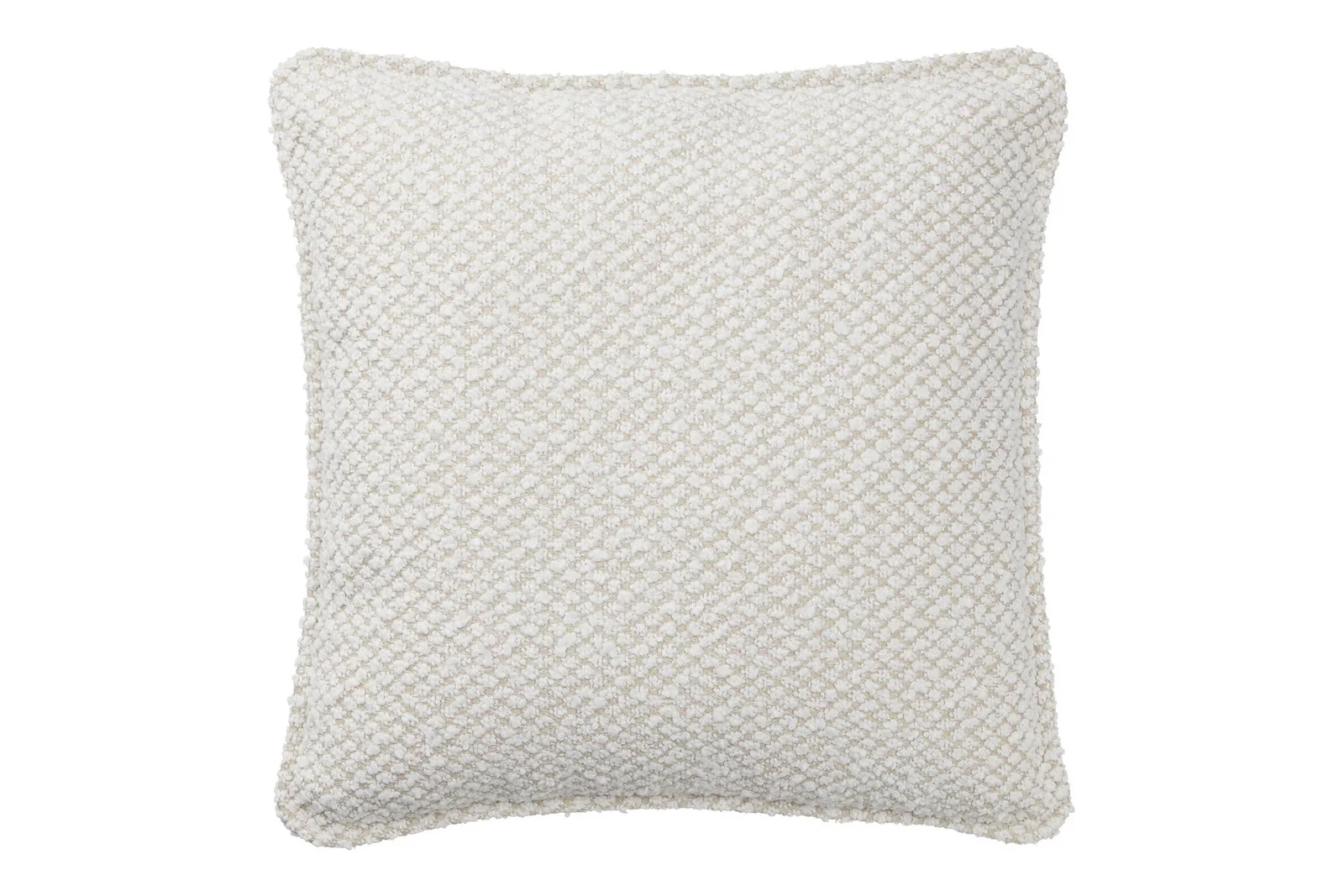Beige pute i vevd stoff med piping langs kanten.
